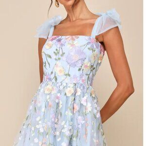 Classic Romance Blue 3D Floral Applique Tie-Strap Mini Dress